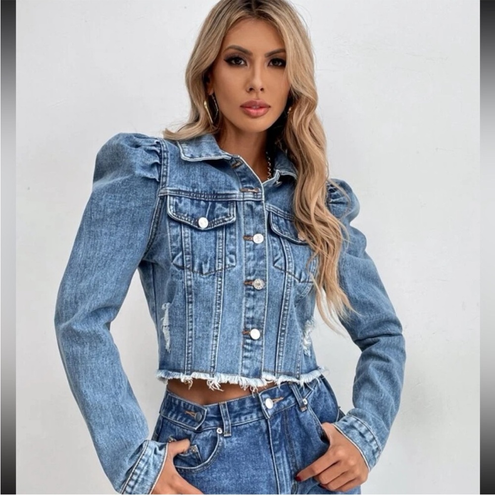 SHEIN Blue Jean Jacket with Puff Sleeves